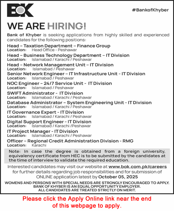Bank of Khyber Jobs 2025 Apply Online Latest