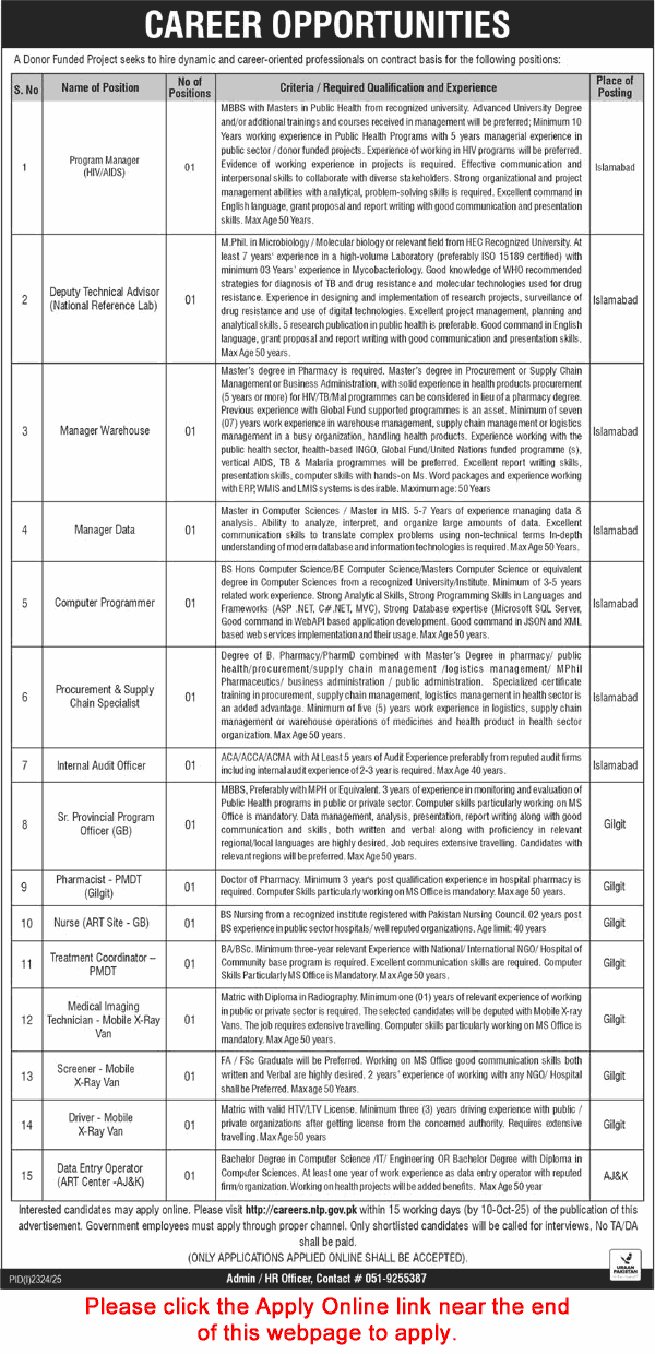 National TB Control Program Jobs 2025 NTP Apply Online