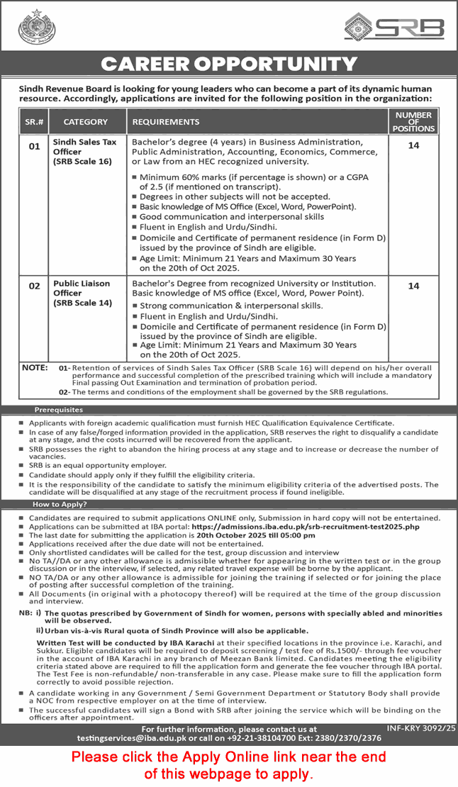 Sindh Revenue Board Jobs 2025 SRB Apply Online